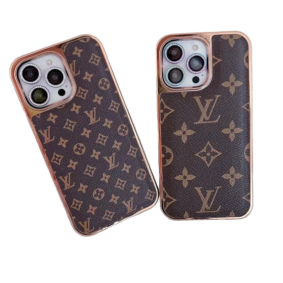 LV Classic Monogram Leather Case with Gold Border for iPhone 13-18 Pro & Pro Max