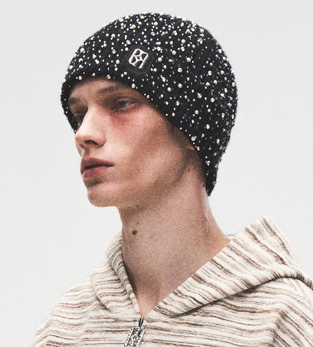 Birth of Royal Child Pearl Rhinestone Beanie Black