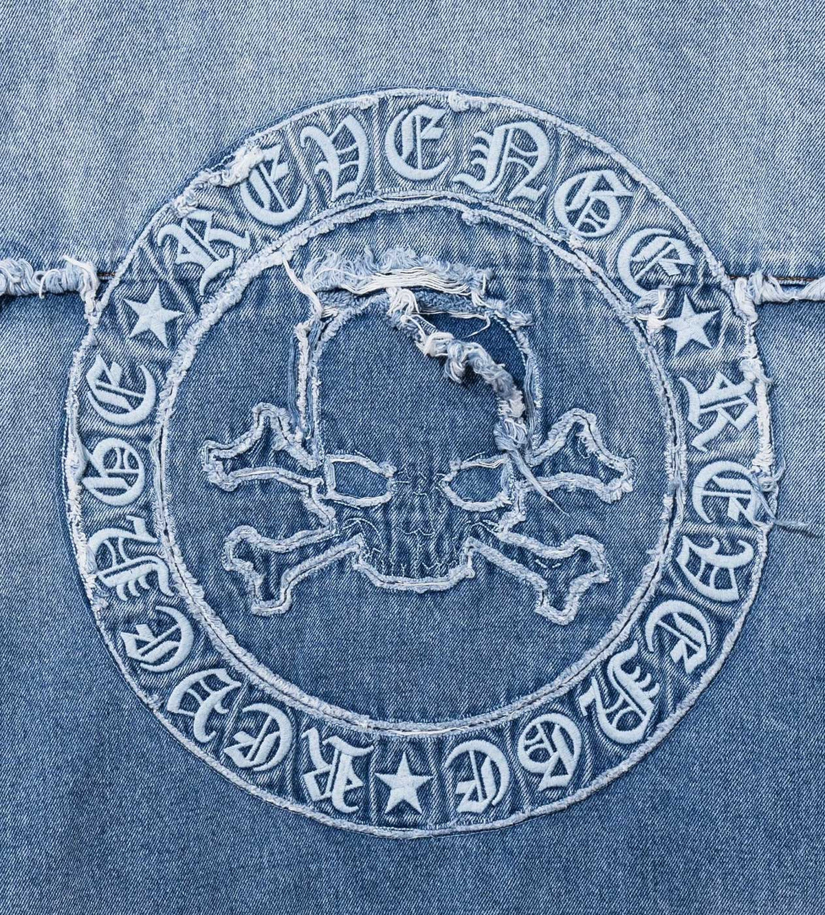 Revenge Frayed Skull Patched Denim Jacket Indigo