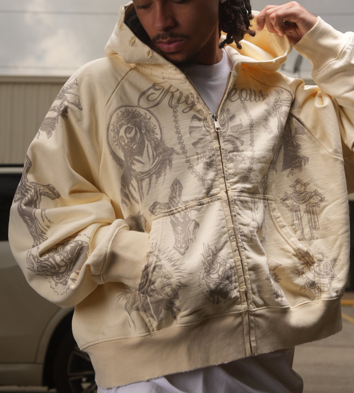 Righteous Tattoo Zip Up Hoodie Cream