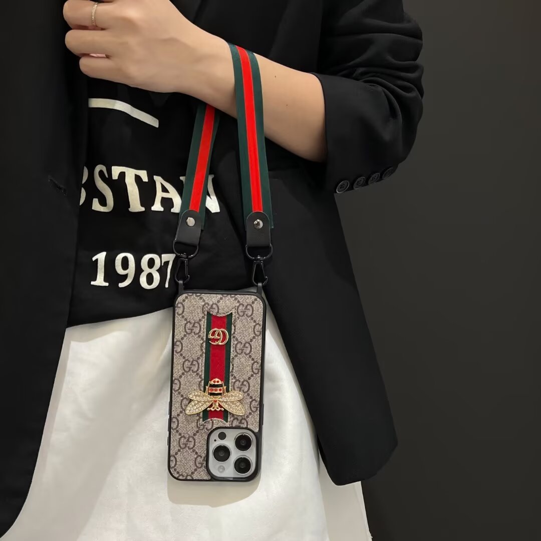 GG3D Monogram Case with Cord & Ribbon Strap for iPhone 12-18 Pro & Pro Max