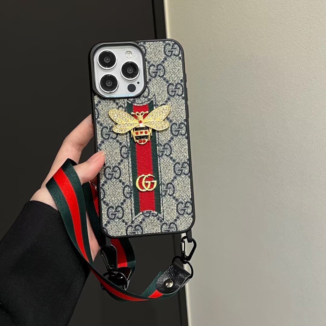 GG3D Monogram Case with Cord & Ribbon Strap for iPhone 12-18 Pro & Pro Max