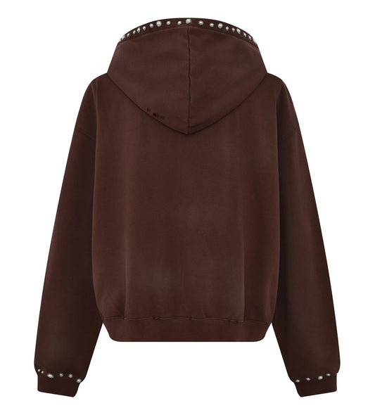 Birth of Royal Child Pearls Studded Boxy Zip Up Brown