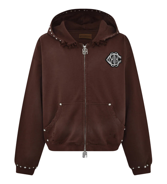 Birth of Royal Child Pearls Studded Boxy Zip Up Brown