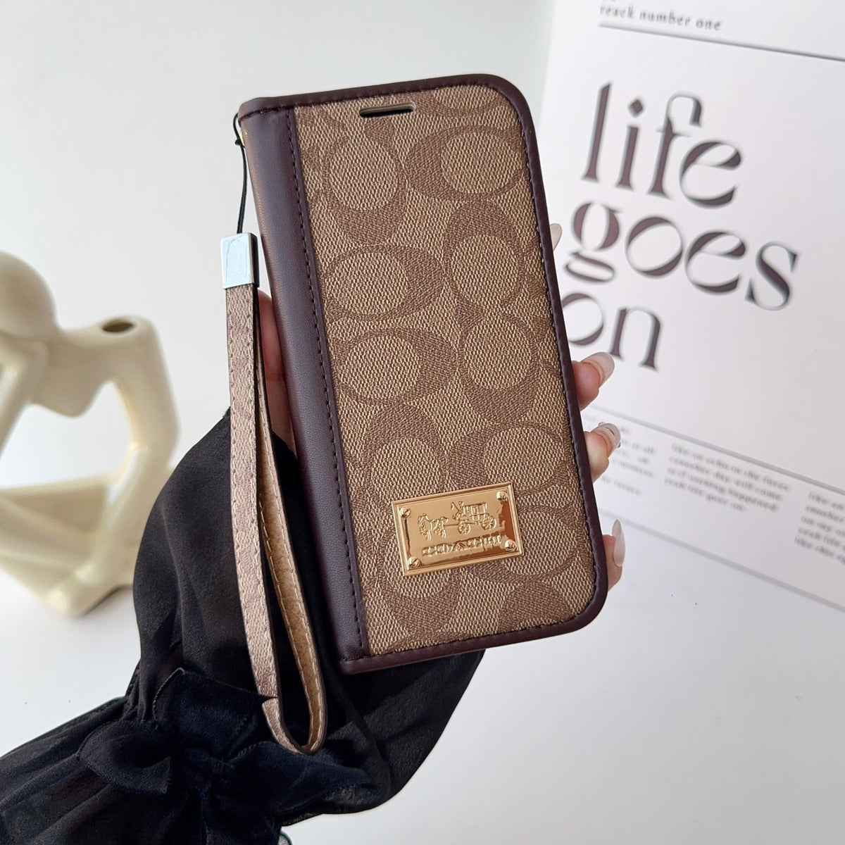 Leather Fold Coach iPhone Case with Wallet and Strap for iPhone 12-18 Pro & Pro Max