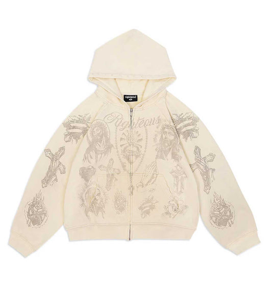 Righteous Tattoo Zip Up Hoodie Cream