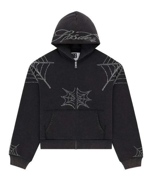 Sp5der Rhinestone Web Zip Up Hoodie Black